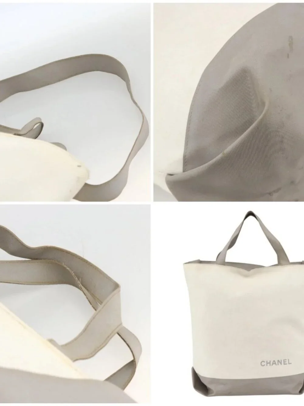 CHANEL Tote Bag Nylon White Silver CC Auth BSZ118